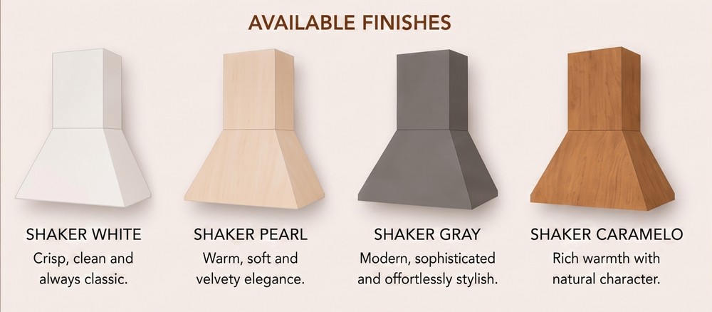 B2BCabinet Elements Euro Hood available finishes — Shaker White, Pearl, Gray, Caramelo