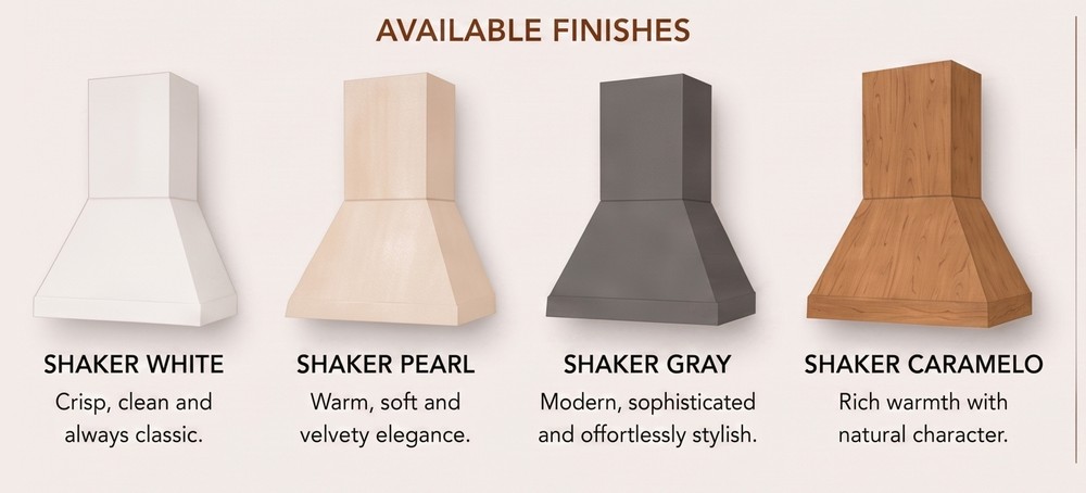 B2BCabinet Elements Signature Hood available finishes — Shaker White, Pearl, Gray, Caramelo