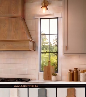 B2BCabinet Elements wood range hood installed in a kitchen with subway tile backsplash