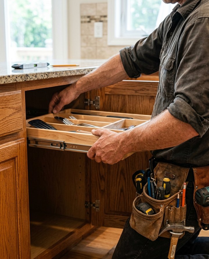 Contractor installing a wood cabinet pull-out drawer organizer