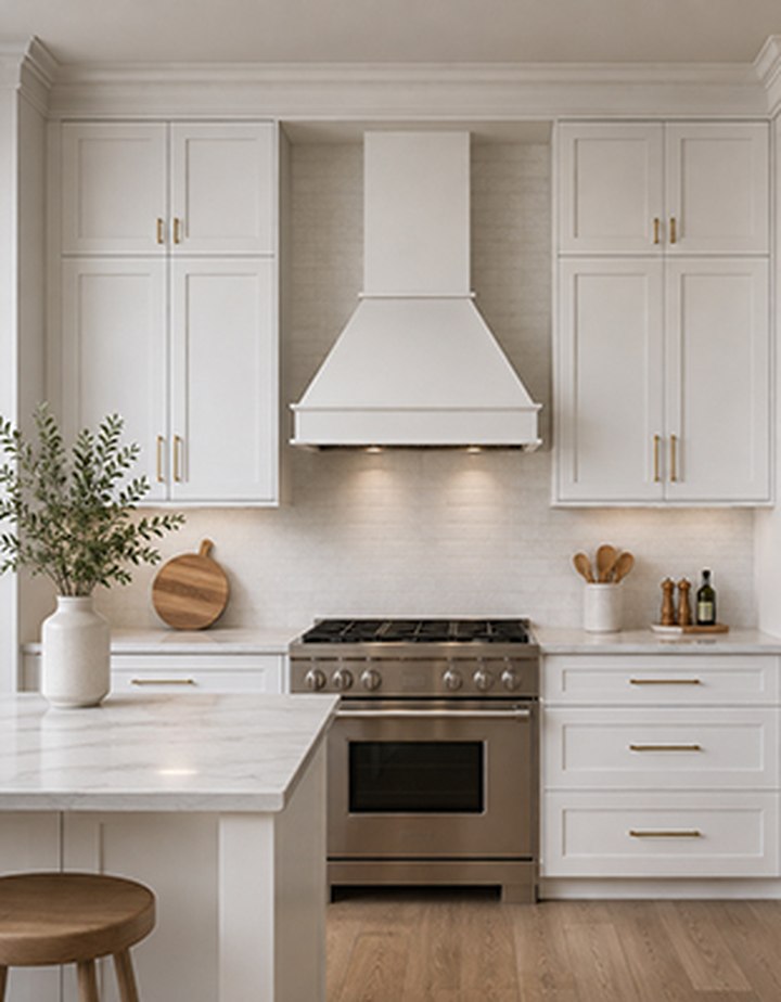 B2BCabinet Elements custom wood range hood with brass accents over a range