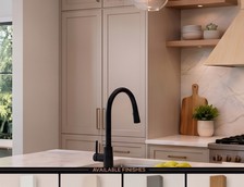 B2BCabinet Elements wood range hood installed in a kitchen with floating shelves